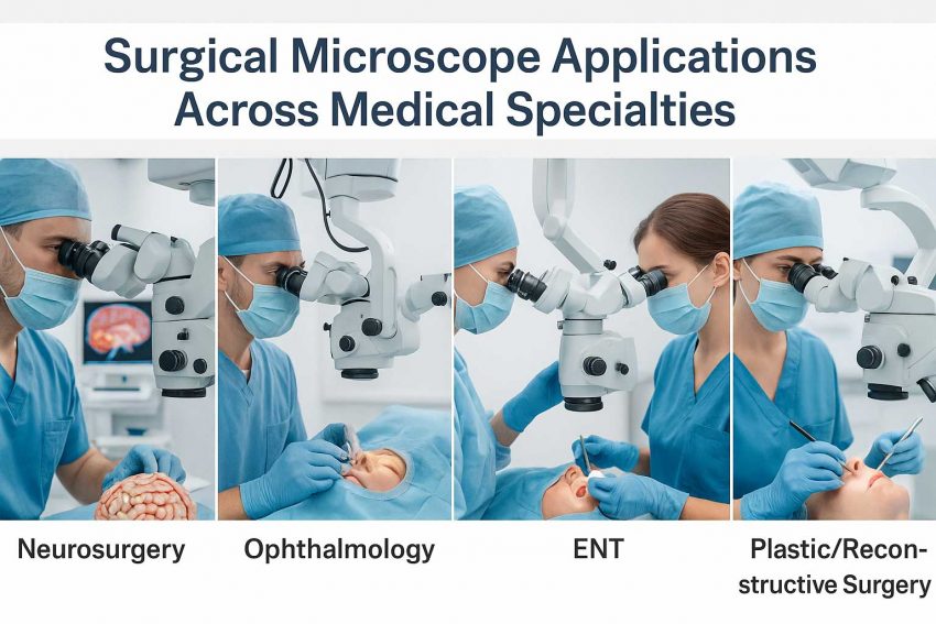 Doctors using surgical microscopes in neurosurgery, ophthalmology, ENT, dentistry, and plastic surgery